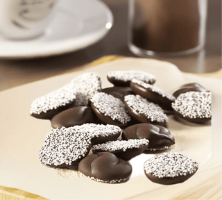 Dark Chocolate Nonpareils with White Seeds - Chamberlains Chocolate Factory & Cafe