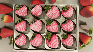 Hot Pink Sparkle, or Pink and Red Sparkle Chocolate Covered Strawberries - Chamberlains Chocolate Factory & Cafe