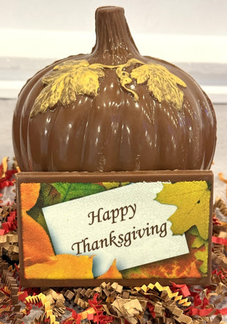 Thanksgiving Pumpkin With Edible Chocolate Sign - Chamberlains Chocolate Factory & Cafe